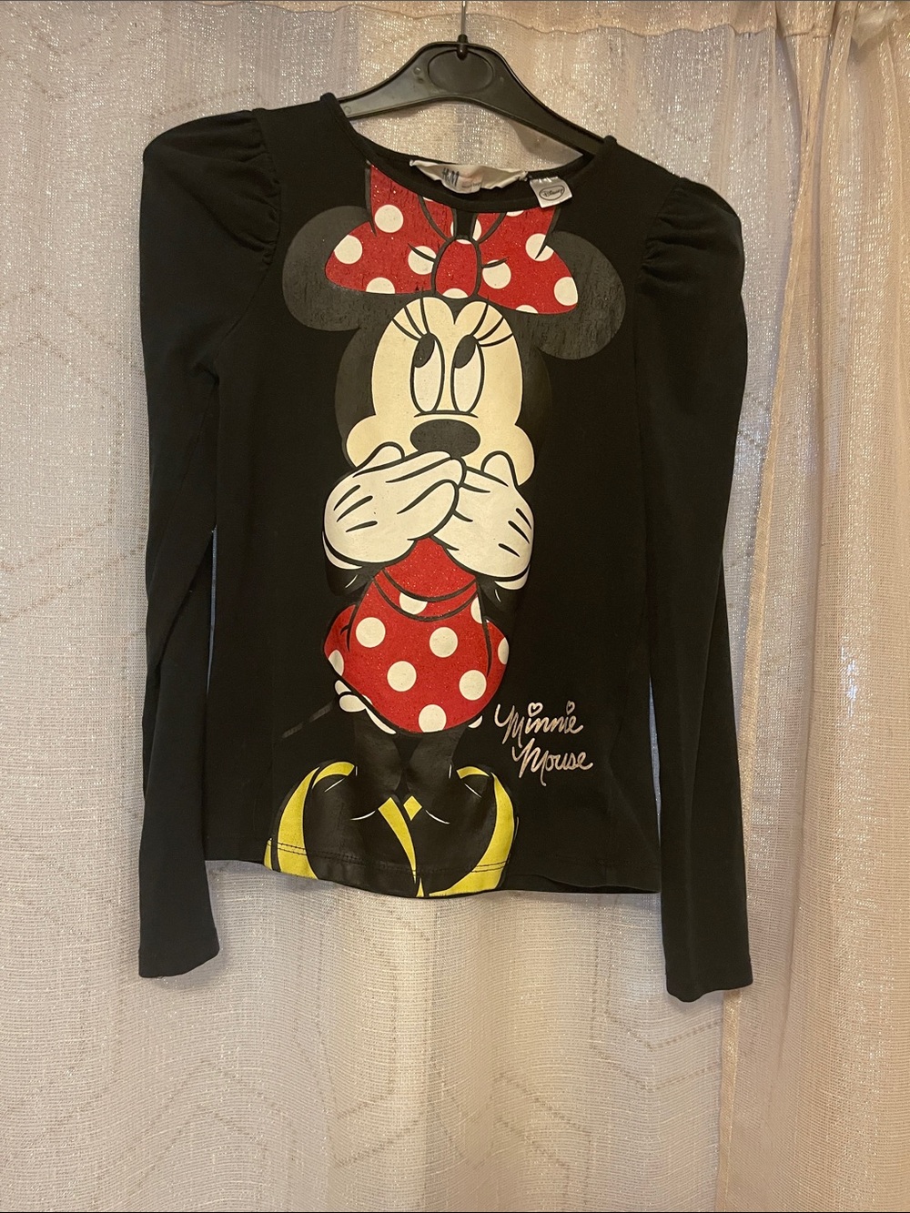 H&M Black Long Sleeve Minnie Mouse Tee with Red Bow and Yellow Shoes
